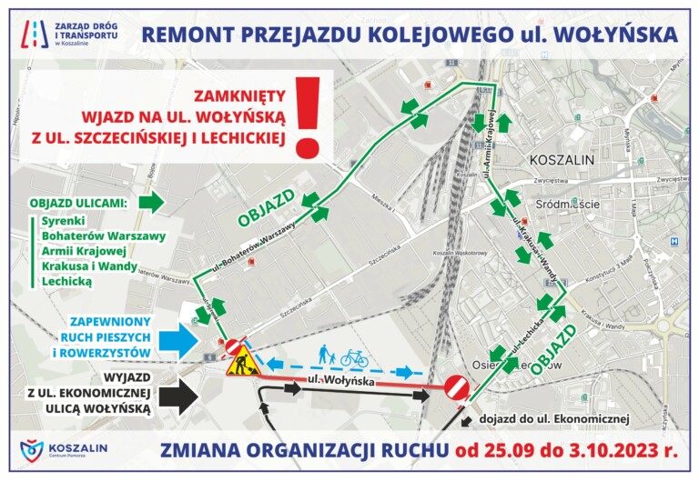 AKTUALIZACJA – Remont przejazdu kolejowego na ul. Wołyńskiej – zmiana organizacji ruchu w dniach 25.09-03.10.2023